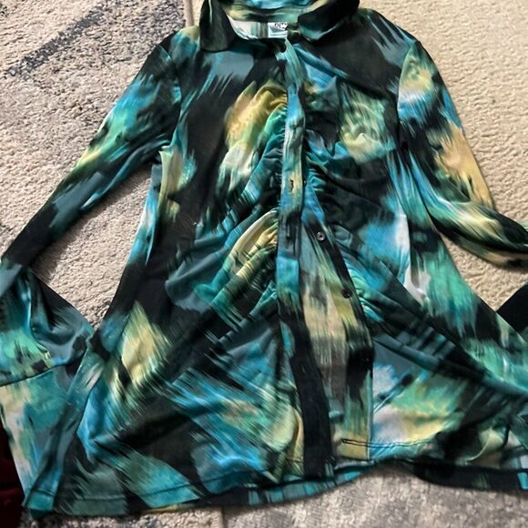 WOMENS LONG SLEEVE TOP BUTTON UP RUCHED TIE DYE SEMI SHEER FUTURE COLLECTIVE M - Picture 4 of 10